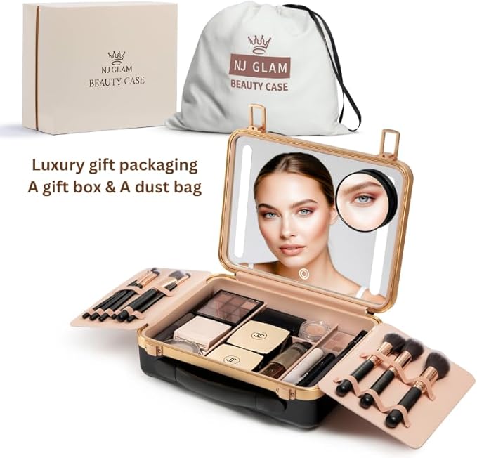 Lighted Makeup Case with Mirror - Portable Travel Makeup Organizer with light up Mirror, 3 Light Settings, Rechargeable Makeup Bag with Mirror and Lights - Mini 10x magnifying Mirror included