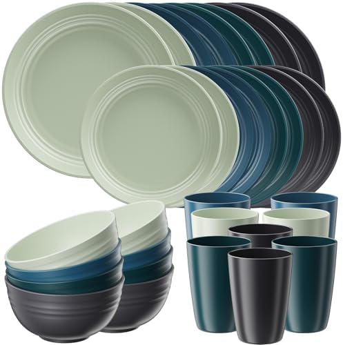 Quatish 32 Pcs Plates and Bowls Sets, Plastic Dinnerware Sets for 8, Green