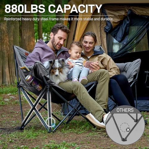 EVER ADVANCED Extra Large Double Camping Chair for Adults, Family Size Padded Folding Camping Love Seat Bench with Side Pocket Portable Camping Couch, Two Person Heavy Duty Folding Outdoor Chair