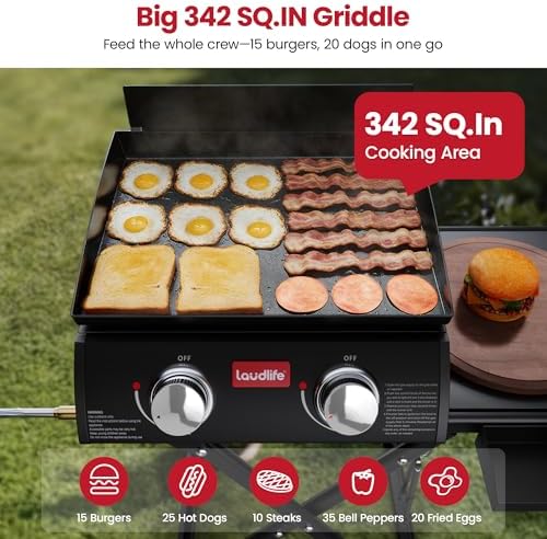 LAUDLIFE Portable Gas Griddle with Adjustable Stand, 20,000 BTUs, 342 Sq. In. Cooking Surface, 3-Step Setup, Enamel Coating Grates, for Camping, Patio BBQ, Park Picnics & Outdoor Cooking