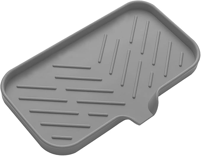 Sponge Holder for Kitchen Sink, Silicone Sponge Dish Tray with Drain Spout, Soap Dispenser Holder for Shower Bathroom (Grey, 9.8" x 4.9")