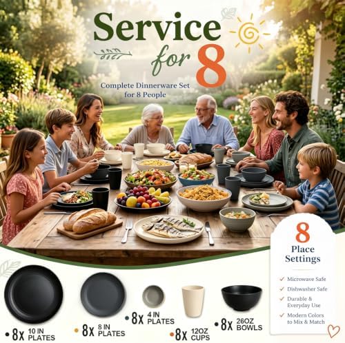 Wrova Kitchen Plates and Bowls Sets 40PCS,Wheat Straw Dinnerware Sets for 8