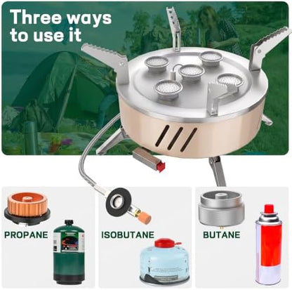 52500 BTU Portable Camping Stove 1 lb Propane Tank Adapter and Hose for Camping with 3 Fuel Connection Options, Piezo Ignition and Carry Bag for Outdoor Cooking