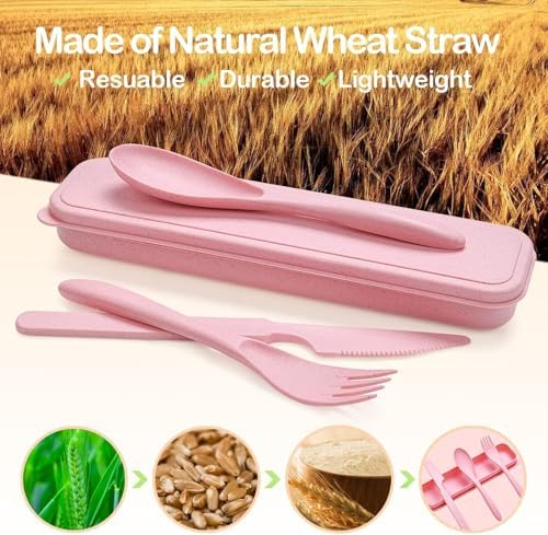 YDYTOP Reusable Travel Utensils Set with Case, 32 Sets Wheat Straw Knife Fork Spoon Cutlery, Multicolor Plastic Silverware for Kids and Adults, School Lunch, Party, Picnic and Camping