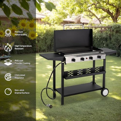 ROVSUN 4 Burner Portable Propane Griddle with Ignition, 40000 BTU Freestanding Flat Top Gas Grill with Enameled Tray, Lid, Side Shelves & Regulator for Outdoor Cooking Camping BBQ