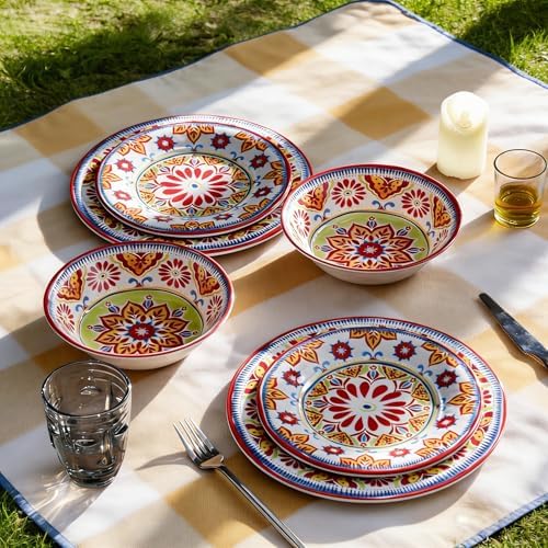 Premium Melamine Dinnerware Sets for 4, 12-Piece Plates and Bowls Sets, Red