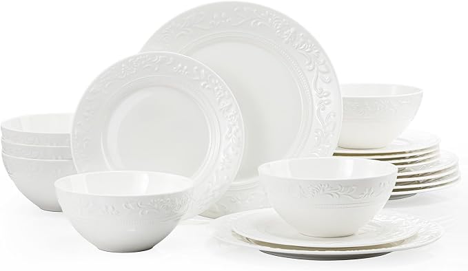 18Pcs Vintage Relief White Bone China Set, Service