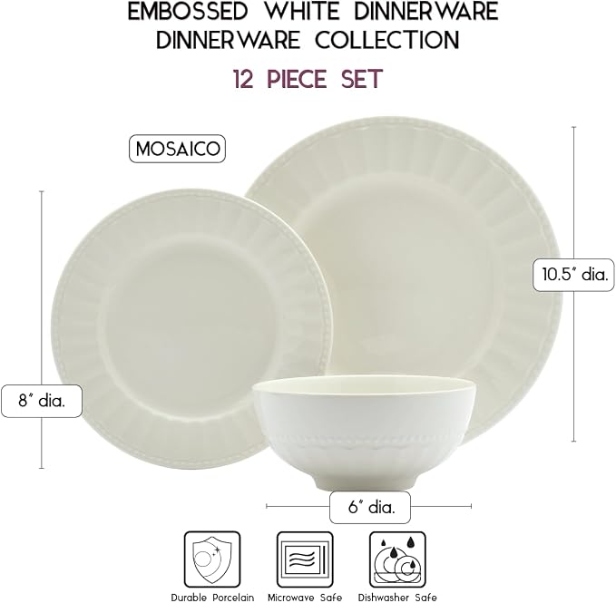 Tabletops Gallery Embossed Bone White Porcelain Round Dinnerware Collection-
