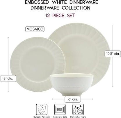 Tabletops Gallery Embossed Bone White Porcelain Round Dinnerware Collection-