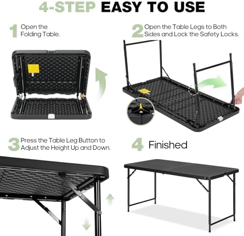 4ft Folding Table with Adjustable Height, 3-Level Foldable Table with HDPE Top & Steel Legs, Portable 4 Foot Folding Table for Picnic, Party, Craft, Indoor Outdoor Use, Black