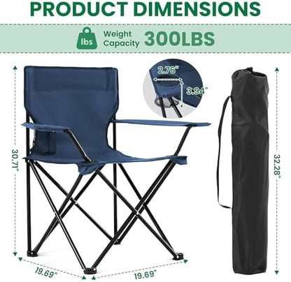 2 Pack Folding Camping Chairs for Adults, Foldable Portable Beach Chairs with Carry Bag & Cup Holder, Compact Design for Camping, Beach, Picnics, and Fishing Supports 300LBS（Dark Navy）