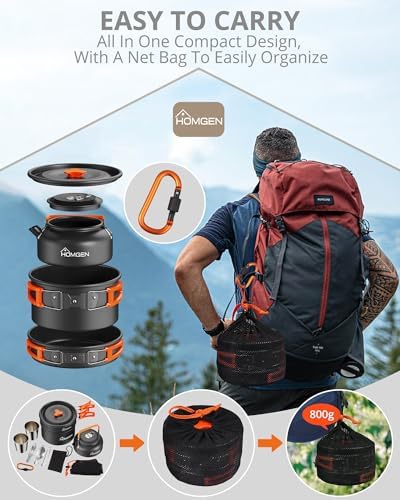 HOMGEN Portable Ultralight Anodized Aluminum Camping Cookware Set - Nesting Camping Pot and Pan-800ml Insulated Teapot-Carrying Bag-for Camping Hiking Picnic RV Trip