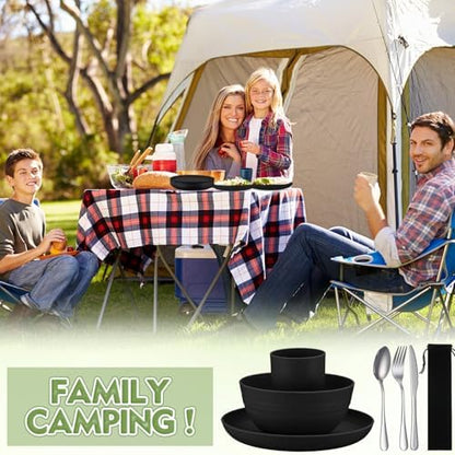 Teenyyou 4 Sets Camping Mess Kits for 4 Person Camping Silverware Set Include Cup, Bowl, Plate, Knife, Spoon, Fork Cutlery Set Unbreakable Wheat Straw Dinnerware Utensils for Travel