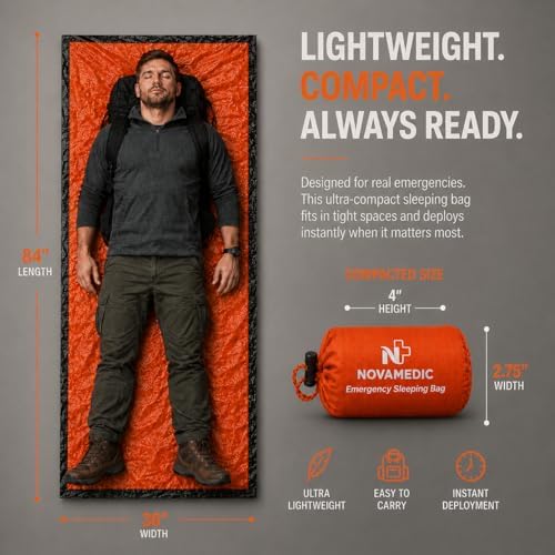 NovaMedic Emergency Sleeping Bag – 84"x36" Thermal Mylar Survival Bivy Sack – Waterproof, Lightweight & Compact Emergency Blanket for Camping, Hiking, Outdoor Survival & Travel