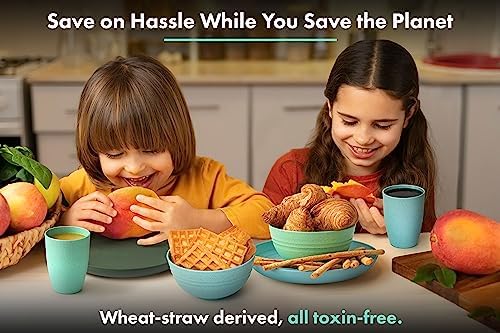 FOODLE Wheat Straw Dinnerware Set - RV, Camping, Picnic Plates Cups & Bowls