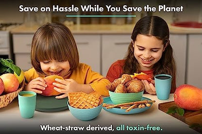 FOODLE Wheat Straw Dinnerware Set - RV, Camping, Picnic Plates Cups & Bowls