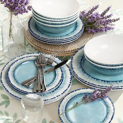 AELS Melamine Dinnerware Set of 18 Pcs Dinner Dishes Set, Lightweight Unbreakable for Indoor and Outdoor Use, BPA Free, Dishwasher Safe, Light Blue
