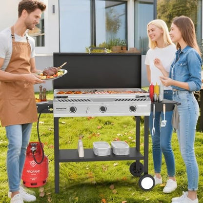 ROVSUN 2-in-1 Propane Stove & 33'' Griddle Combo with Ignition, 3 Burner 225,000 BTU Gas Stove & Grill with Side Shelves, Rolling Wheel & Regulator for Home Outdoor Backyard Camping Cooking Grilling