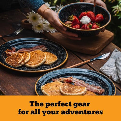 Granite Ware 12-Piece Outdoor Set, Enameled Steel, Perfect for Camping & Picnics - Speckled Black with Color Rim