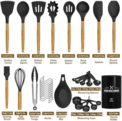 Umite Chef Kitchen Cooking Utensils Set, 33 pcs Non-Stick Silicone Cooking Kitchen Spatula Set with Holder, Wooden Handle Silicone Kitchen Gadgets Utensil Set (Black)