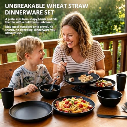 Plates and Bowls Sets for 4, Unbreakable Kid Dinnerware Sets- Black