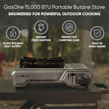 GasOne GS-5900A 15,000 BTU Portable Butane Camping Stove with Heavy Duty Case: Automatic Ignition, High Output, Precise Heat Control - Camping & Tailgating and Outdoor Cooking