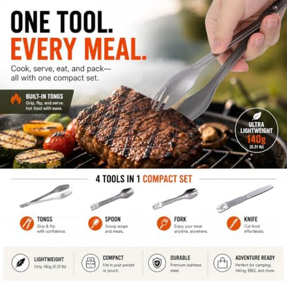 Camping Cutlery Set with Built-in Tongs, 4-in-1 Camping Utensils, Spoon Fork Knife Combo, Compact Stainless Steel Flatware for Camping, Backpacking, Hiking, Picnic, RV & Trave (1-Pack)