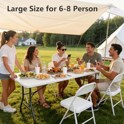Folding Table, 6 FT Foldable Plastic Table with Carrying Handle, Heavy Duty Portable Fold-in-Half Utility Table for Party, Camping, Banquet, Craft, Wedding, Indoor & Outdoor Use