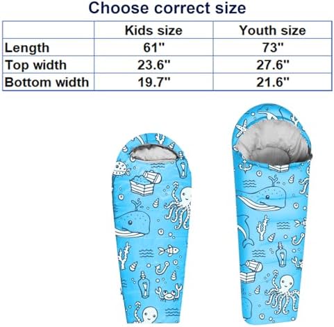 KidzAdventure Mummy Style 32 – 59F Kids Sleeping Bag with Pillow Sleeve, 4 Season, Lightweight and Backpacking Style, Ideal for Camping, Sleepover, Boys, Girls, and Youth