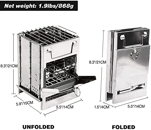 REDCAMP Wood Burning Folding Camp Stove Stainless Steel Grill, Portable Collapsible Backpacking Stove Survival Rocket Stove for Hiking Outdoor Tent Camping Picnic BBQ, Samll