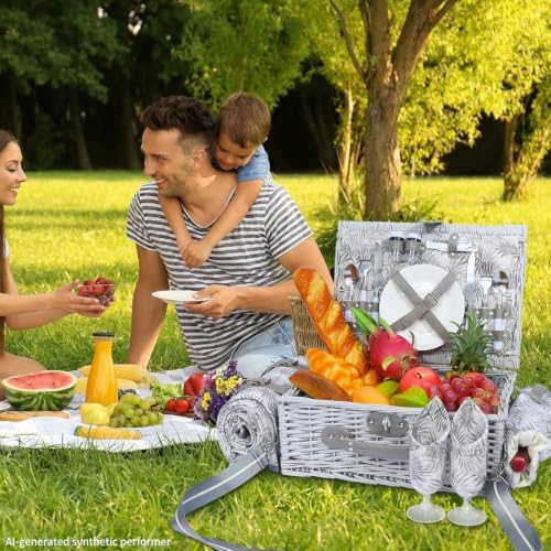 Picnic Basket for 2 with Blanket and Wine Pouch for Couples