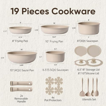 CAROTE 19pcs Pots and Pans Set Non Stick, Detachable Handle Cookware Sets