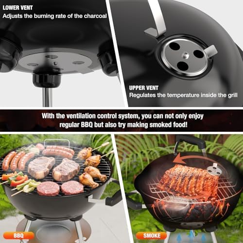18 inch Charcoal Grill, Portable Kettle BBQ Grills, Perfect BBQ Gift, Durable & Easy to Assemble, Round Barbecue Grill with Wheels and Lid for Outdoor Cooking, Patio and Beach, Black