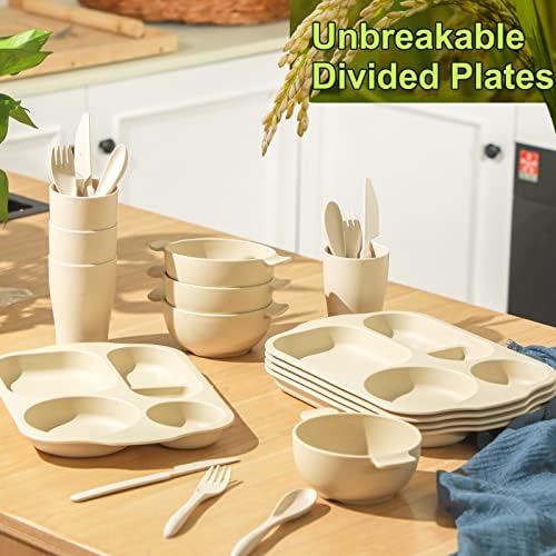 Honoson 24pcs Wheat Straw Dinnerware, Unbreakable, Beige