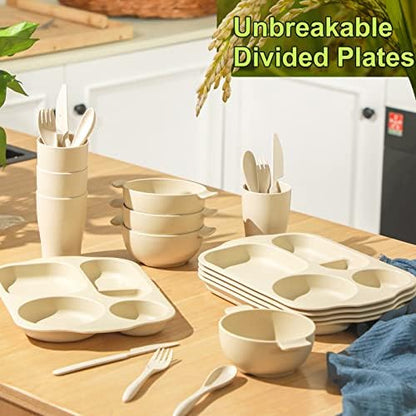 Honoson 24pcs Wheat Straw Dinnerware, Unbreakable, Beige