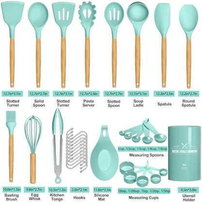 Umite Chef Kitchen Cooking Utensils Set, 24 pcs Non-stick Silicone Cooking Kitchen Utensils Spatula Set with Holder, Wooden Handle Heat Resistant Silicone Kitchen Gadgets Utensil Set (Green)