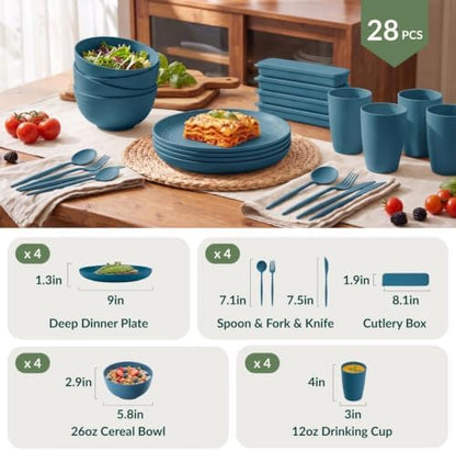 Homienly Wheat Straw Dinnerware Sets 28 Pcs Reusable Dish Set With Utensils