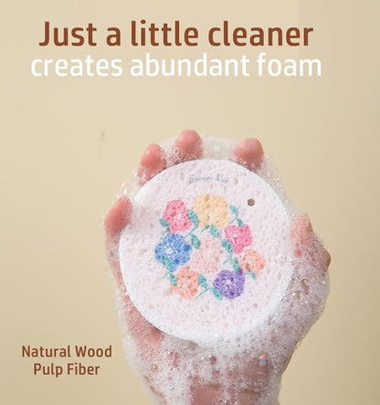 Flower-Shaped Wood Pulp Sponge Scrubber, sponges Kitchen– Dual-Sided Natural Dish Sponge,sponges for Dishes, Eco-Friendly, Quick-Drying, Gentle on Non-Stick Pans (9.3×1.8cm) (12pcs)