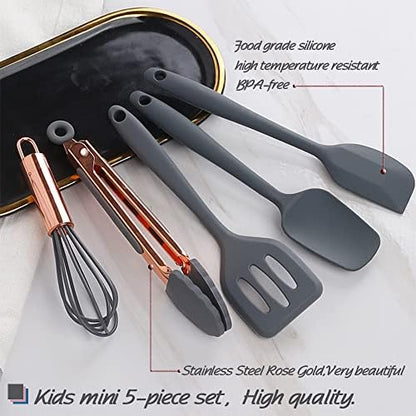 Collfa Rose Gold And Grey Mini Kitchen Utensil Small Five-Piece Set Tiny Silicone Kids Kitchen Tools Whisk Spatula Tongs Spoon And Slotted Spatula For Cooking(Kids Baking Supplies) Grey