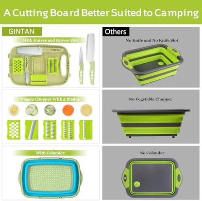 Gintan Camping Cutting Board, 9-in-1 Collapsible Chopping Board with Colander, Kitchen Vegetable Washing Basket for Camping, Camping Gifts Camping essentials for RV Campers (Blue Green)