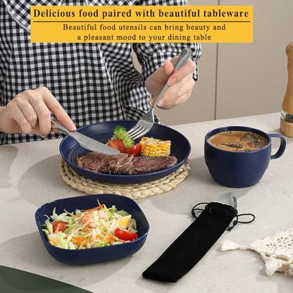 Camping Utensils Set, ReaNea Camping Plates and Bowls Set with Coffee Mug, Travel Cutlery Set Include Spoon, Fork, Knife for Home, Poolside, Outdoor, Picnic, Camp