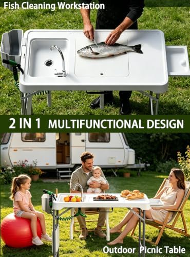 Fish Cleaning Table with 2 Sinks for Picnic, Beach, Dock & Patio Use