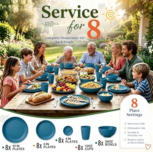 Wrova Plates and Bowls Set,Wheat Straw Dinnerware Sets,Blue Dish Set for 8