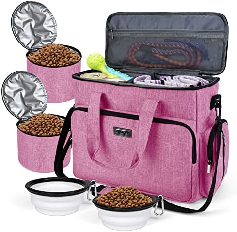 BAGLHER Dog Travel Bag, Pet Travel Bag (ALL Pet Travel Supplies), With 2 Pet Food Containers and 2 Collapsible Silicone Bowls; Essential Kits for Pet Travel Pink