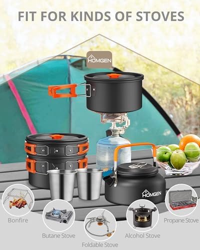 HOMGEN Portable Ultralight Anodized Aluminum Camping Cookware Set - Nesting Camping Pot and Pan-800ml Insulated Teapot-Carrying Bag-for Camping Hiking Picnic RV Trip
