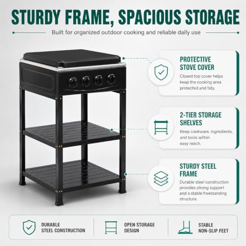 4 Burner Gas Stove Portable Outdoor Stove with Removable Storage Stand, Heavy Duty Stainless Steel Propane Gas Cooker with Wind Blocking Cover for Camping Picnic Home RV Cooking (no hose)