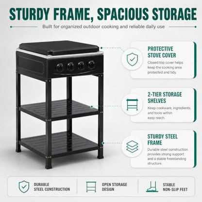4 Burner Gas Stove Portable Outdoor Stove with Removable Storage Stand, Heavy Duty Stainless Steel Propane Gas Cooker with Wind Blocking Cover for Camping Picnic Home RV Cooking (no hose)