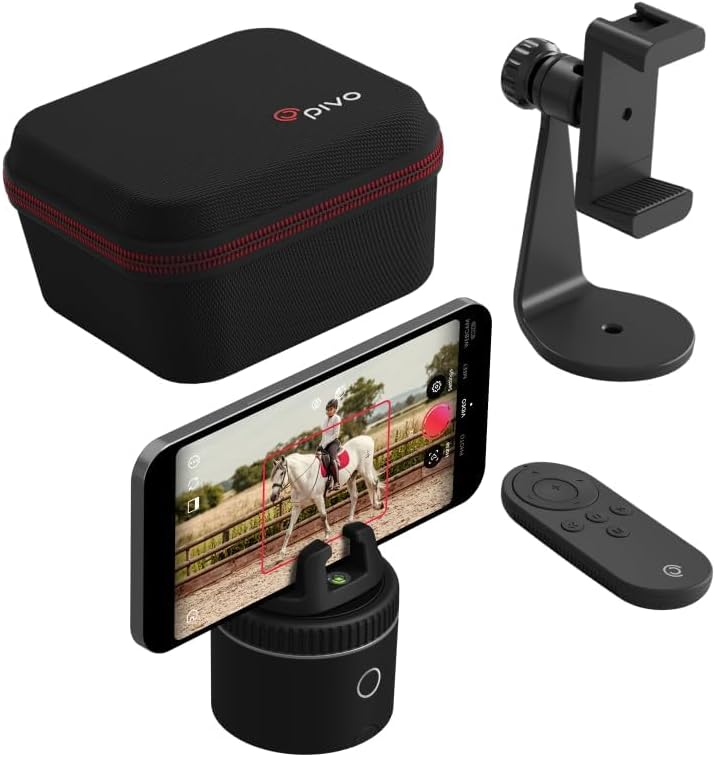 Pivo Equestrian Silver Starter Pack, Auto Face, Body, Horse Phone Tracking Holder, Ai-Powered 360° Rotation, Remote Control for Hands-Free Video Recording with Smart Mount and Travel Case
