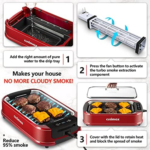 Indoor Grill, CUSIMAX Smokeless Grill Indoor, Electric Griddle, 1500W, Red
