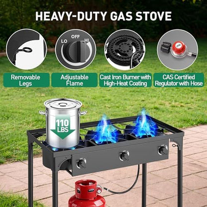 3 Burner Propane Camping Stove|225,000 BTU High-Pressure Gas Stove with Regulator|Portable for Backyard, Patio BBQ, Outdoor Cooking|parrillas de gas para cocinar afuera